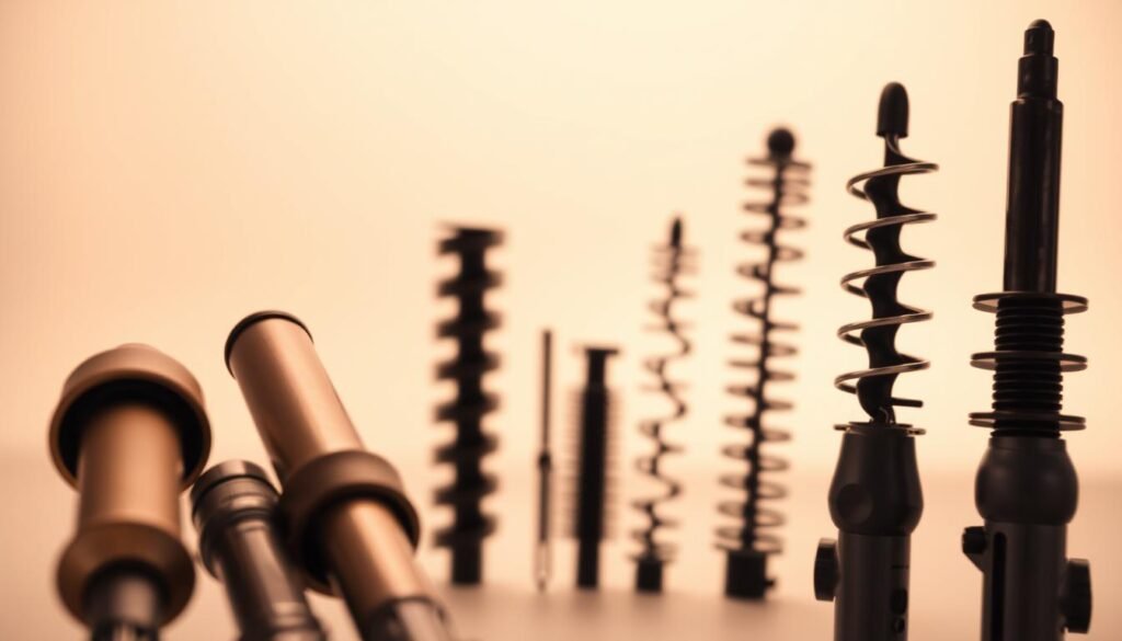 A closeup comparison of curling irons and waving irons, showcased against a soft, hazy background. The curling irons, with their metallic barrels and spring-loaded handles, sit in the foreground, capturing the nuanced textures and reflections of their surfaces. In the middle ground, the waving irons, with their distinctive wave-shaped plates, are arranged in a complementary manner, highlighting the distinct design differences between the two styling tools. The lighting is soft and diffused, creating a warm, inviting atmosphere that emphasizes the craftsmanship and functionality of these hair styling implements. The overall composition is clean, minimalist, and focused, allowing the viewer to fully appreciate the subtle distinctions between the curling irons and waving irons. lockenstaebe
