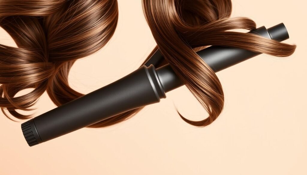 A high-quality, detailed image of a professional-looking curling iron or "Lockenstab" against a soft, neutral background. The curling iron should be prominently featured, with a sleek, modern design in a metallic or matte finish. Capture the tool's texture, weight, and essential components such as the barrel, handle, and control buttons. Highlight the curling iron's ability to create beautiful, bouncy curls by including strands of shiny, voluminous hair flowing gracefully around the device. Utilize balanced, natural lighting to accentuate the product's form and function, creating an aspirational, high-end aesthetic suitable for an informative article on hair styling tools. lockenstaebe